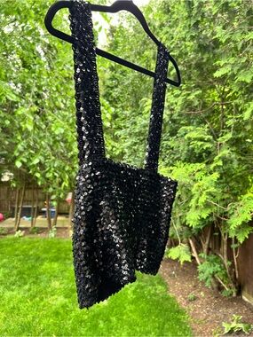 Black Sequin Crop Top with Wide Straps
